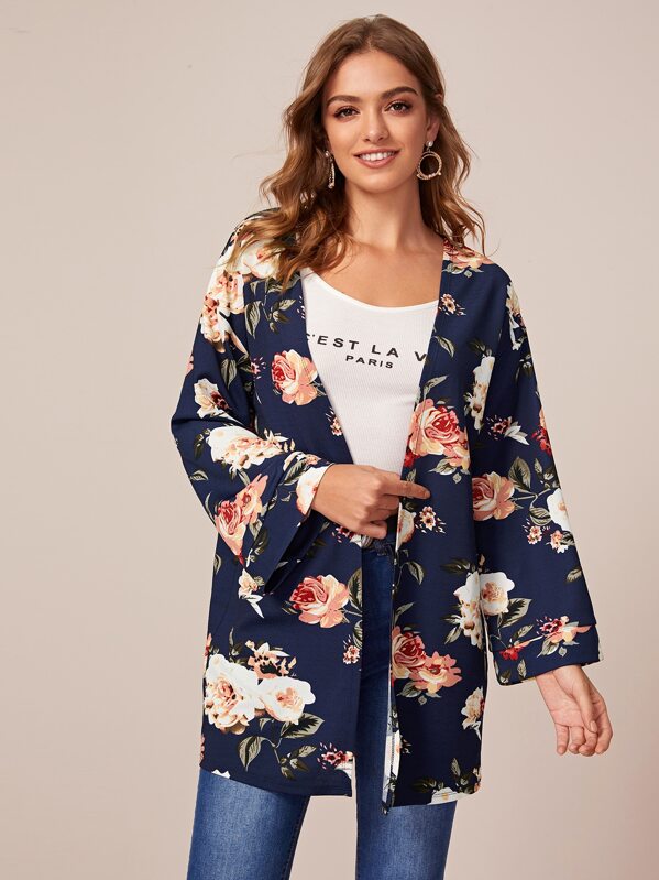 

Open Front Floral Print Coat, Navy, Luiza