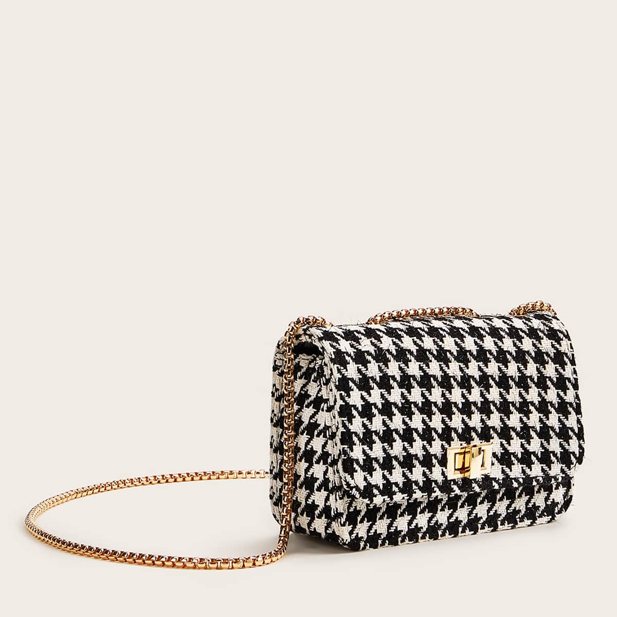 

Twist Lock Houndstooth Chain Bag, Black and white