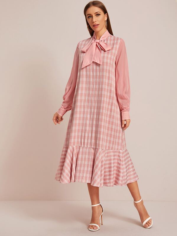 

Tie Neck Ruffle Hem Plaid Dress, Pink, Hanna