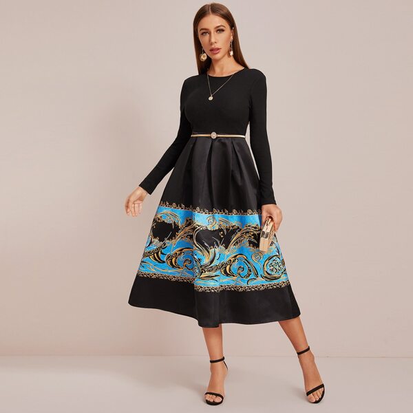 

Graphic Print Box Pleat Hem Fit & Flare Dress Without Belt, Black
