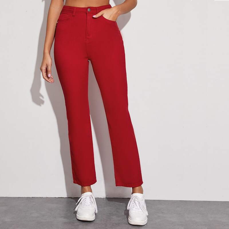 

High Waist Straight Leg Jeans, Red