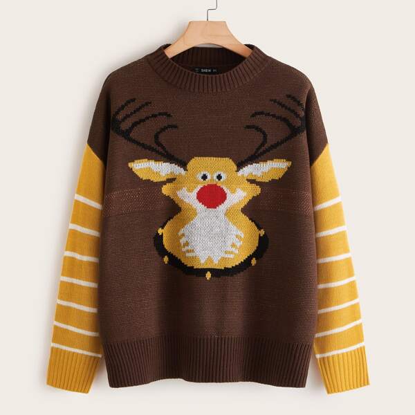 

Plus Christmas New Year Cartoon Pattern Sweater, Multicolor
