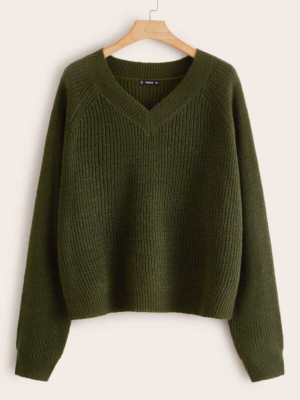 

Plus Raglan Sleeve Ribbed Knit Sweater, Army green