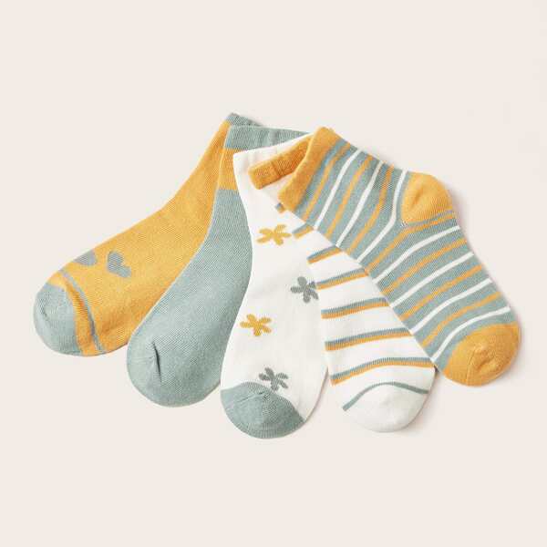 

5pairs Kids Striped & Heart Pattern Socks, Multicolor