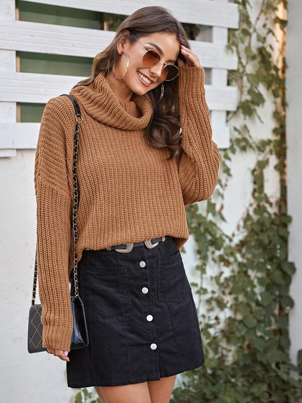 

Cowl Neck Ribbed Knit Oversized Sweater, Brown, Debi Cruz