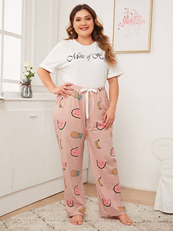 

Plus Letter & Fruit Print Sleep Pants, Pink, Carol
