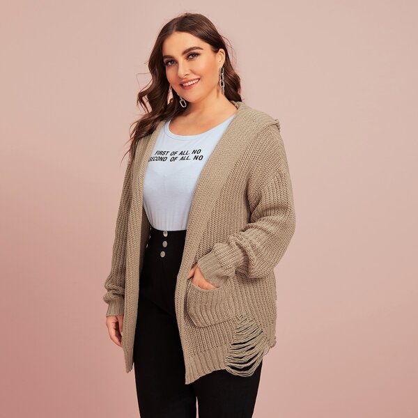 

Plus Dual Pocket Ripped Hooded Cardigan, Khaki