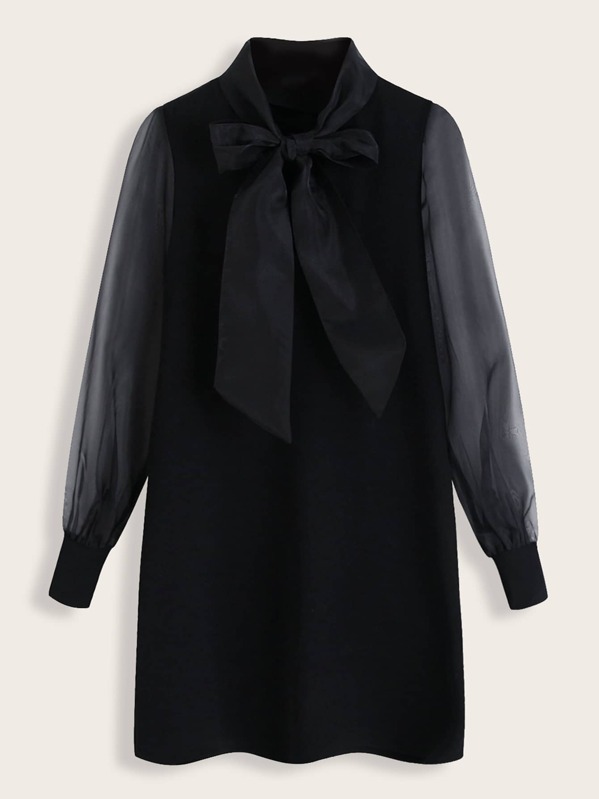 

Tie Neck Mesh Sleeve Dress, Black