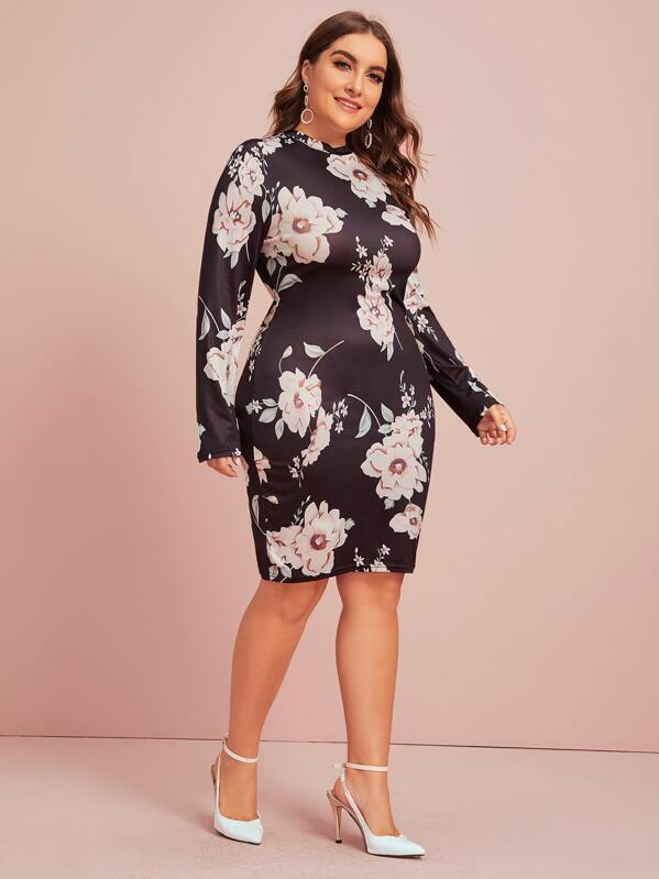 

Plus Mock Neck Floral Print Bodycon Dress, Multicolor, Franziska