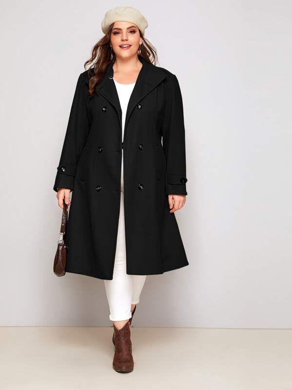 

Plus Double Button Self Tie Coat, Black, Ella