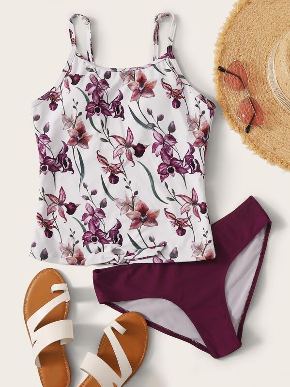 

Floral Print Knot Hem Tankini Set, Multicolor