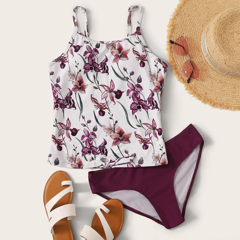 

Floral Print Knot Hem Tankini Set, Multicolor