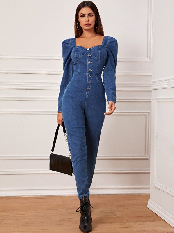 

Sweetheart Neck Gigot Sleeve Denim Jumpsuit, Blue, Andy