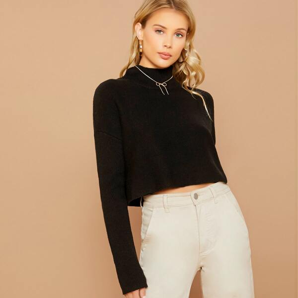 

Mock Neck Side Slit Cropped Pullover Sweater