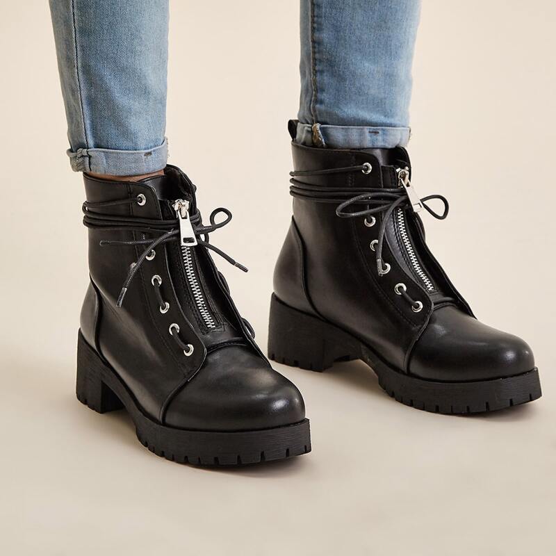 

Lace-up Lug Sole Combat Boots, Black