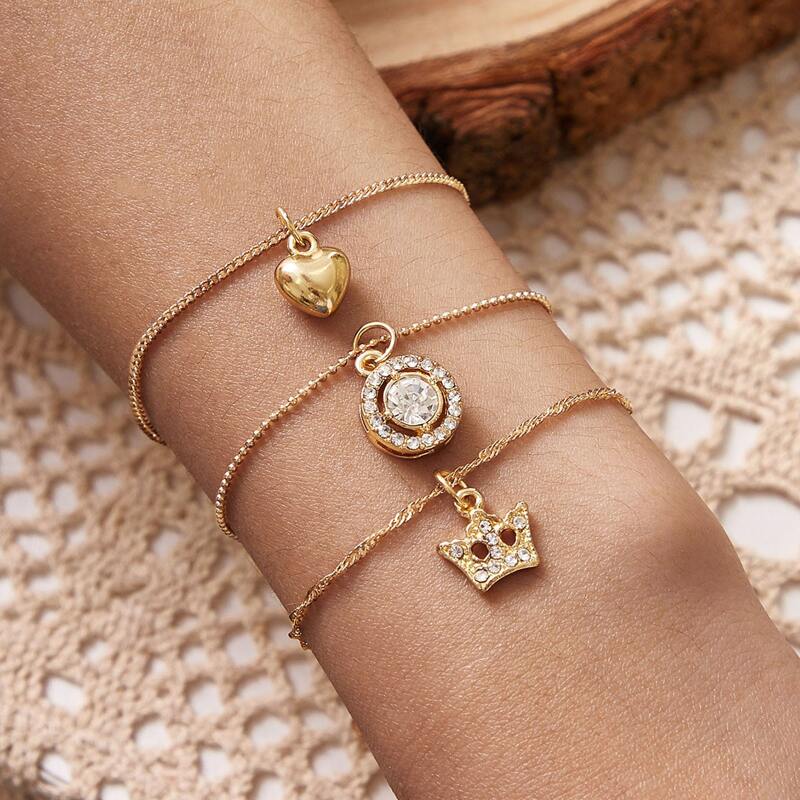 

Heart & Rhinestone Engraved Round Decor Chain Bracelet 3pcs, Gold