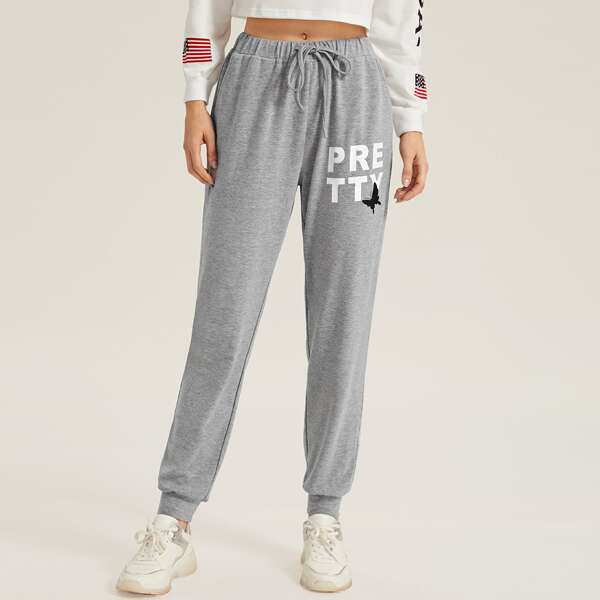 

Drawstring Waist Letter Graphic Joggers, Grey