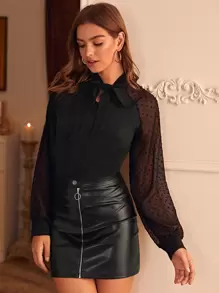 Contrast Sheer Sleeve Tie Neck Blouse - Black - View 1