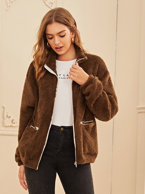 

Zip Up Dual Pocket Teddy Jacket, Brown, Luiza
