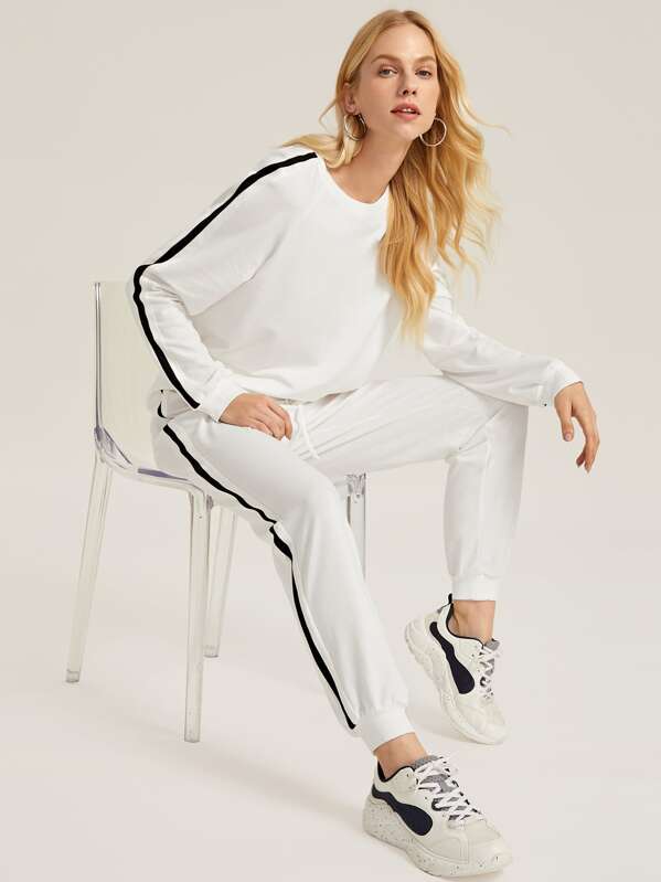 

Contrast Sideseam Sleeve Pullover & Sweatpants Set, White, Denisa