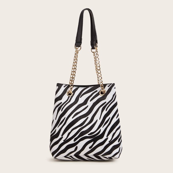 

Zebra Striped Chain Tote Bag, Black and white