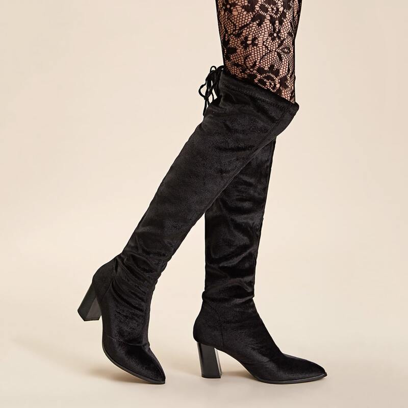 

Point Toe Knee Length Velvet Chunky Boots, Black