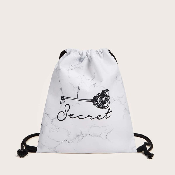 

Key & Letter Graphic Drawstring Backpack, White