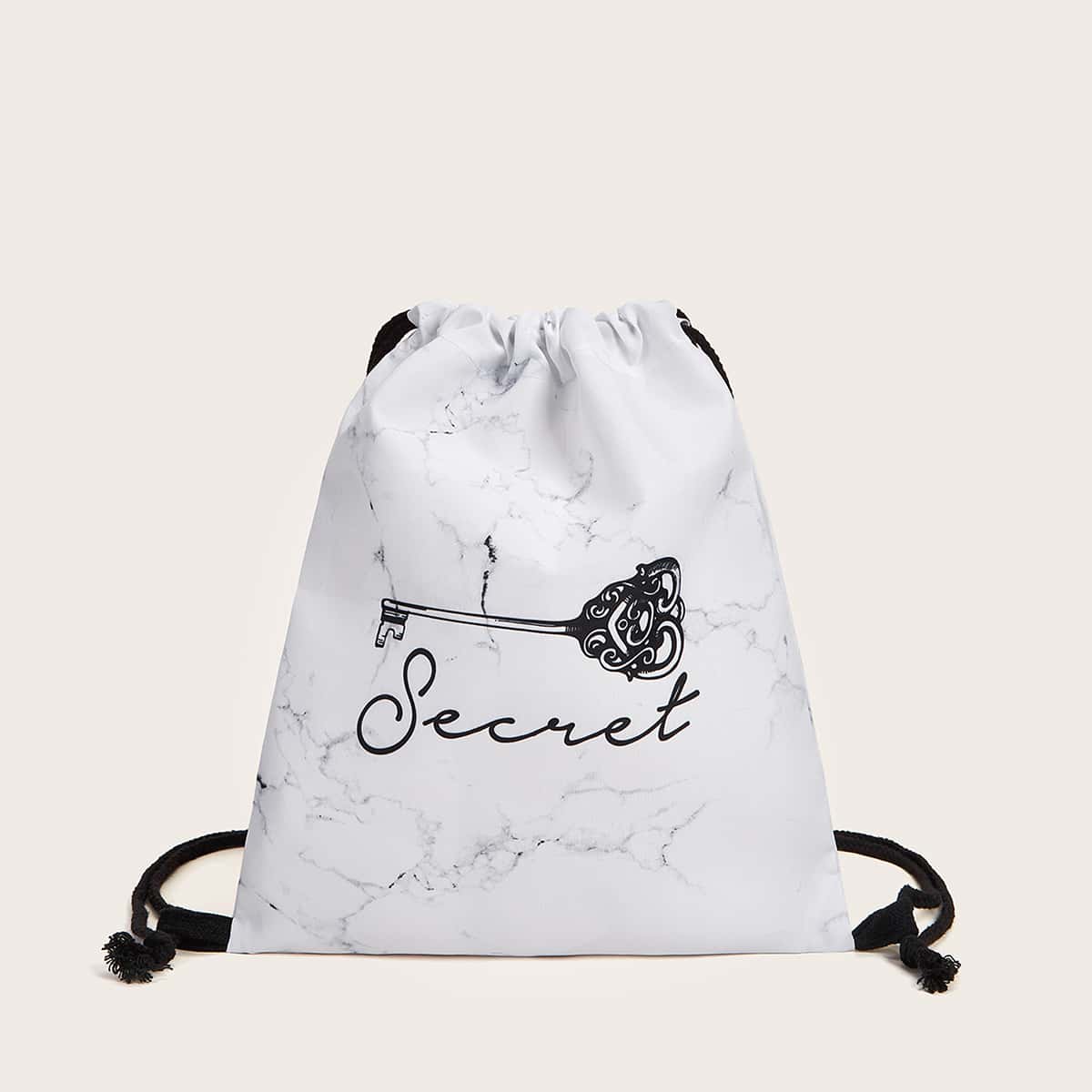 

Key & Letter Graphic Drawstring Backpack, White