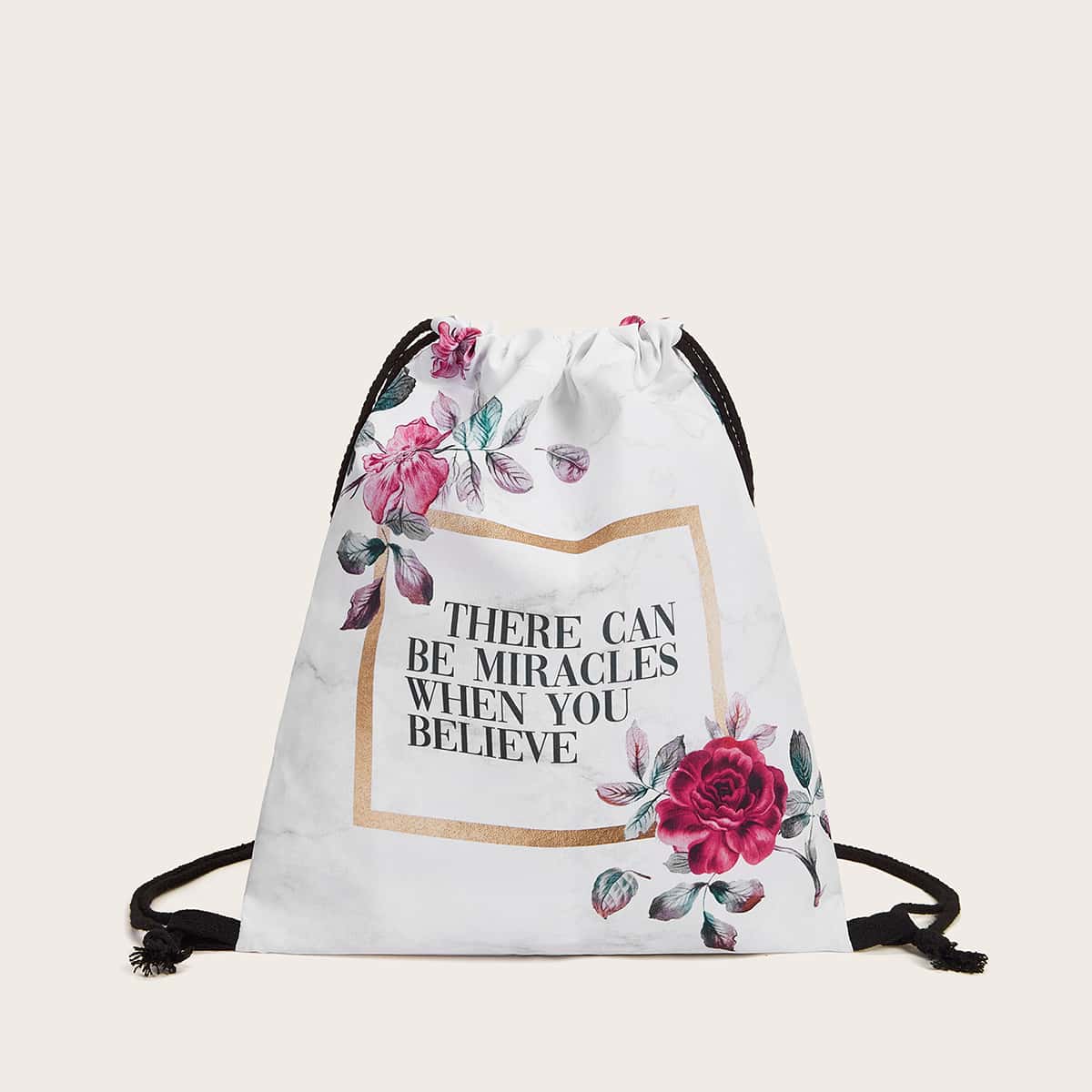 

Floral & Slogan Graphic Drawstring Backpack, White