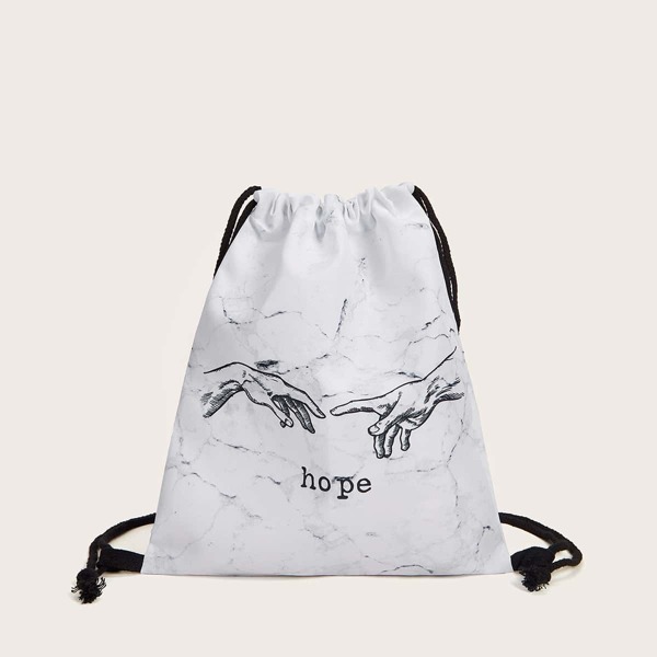 

Finger & Letter Graphic Drawstring Backpack, White