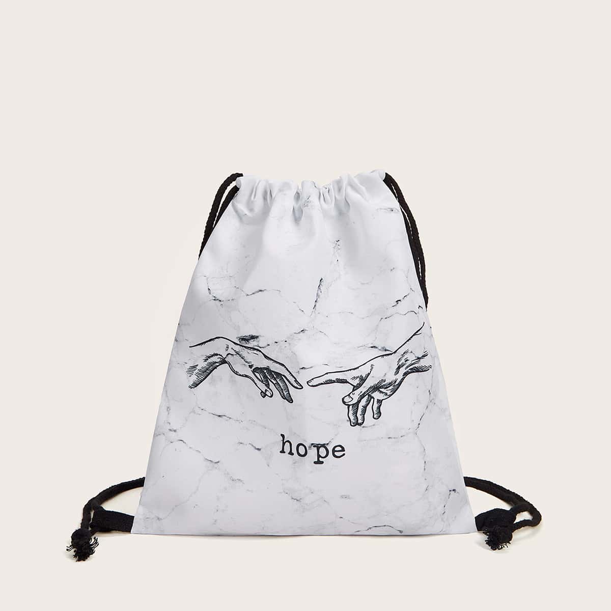 

Finger & Letter Graphic Drawstring Backpack, White