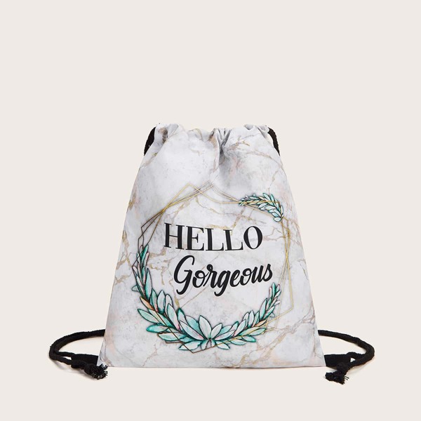 

Leaf & Letter Graphic Drawstring Backpack, White