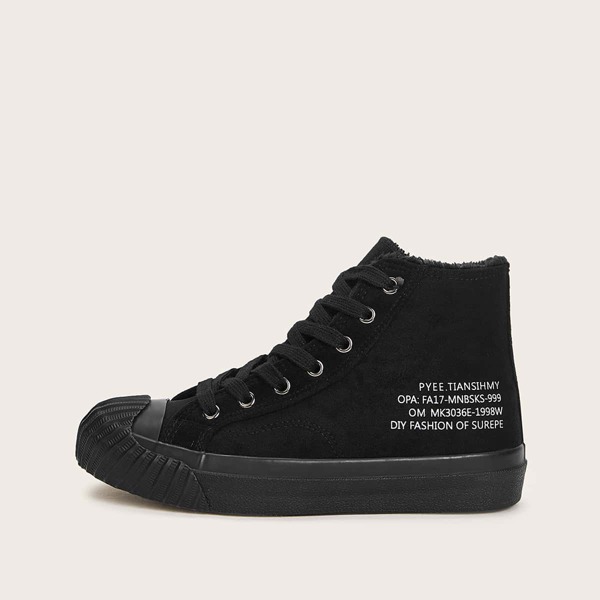 

Letter Graphic Lace-up Faux Fur Lined Sneakers, Black