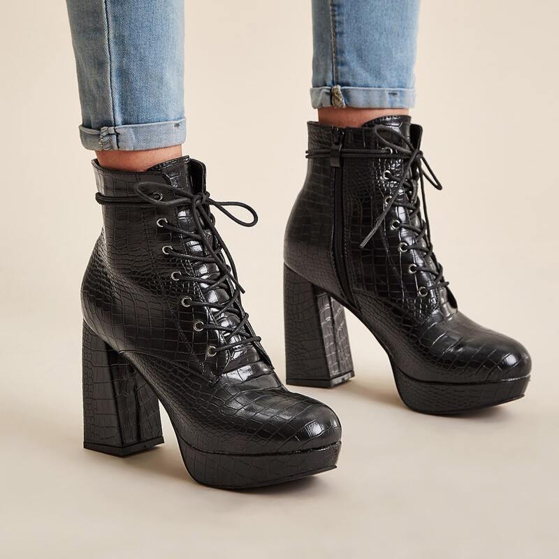 

Lace-up Croc Embossed Chunky Boots, Black