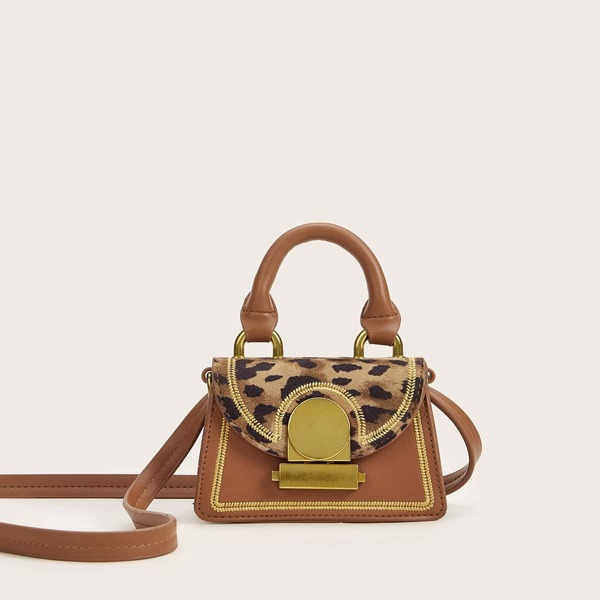 

Mini Metal Lock Leopard Satchel Bag, Brown
