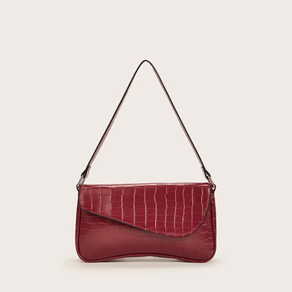 

Croc Embossed Flap Baguette Bag, Red