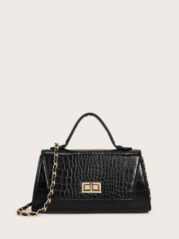 

Twist Lock Croc Chain Satchel Bag, Black