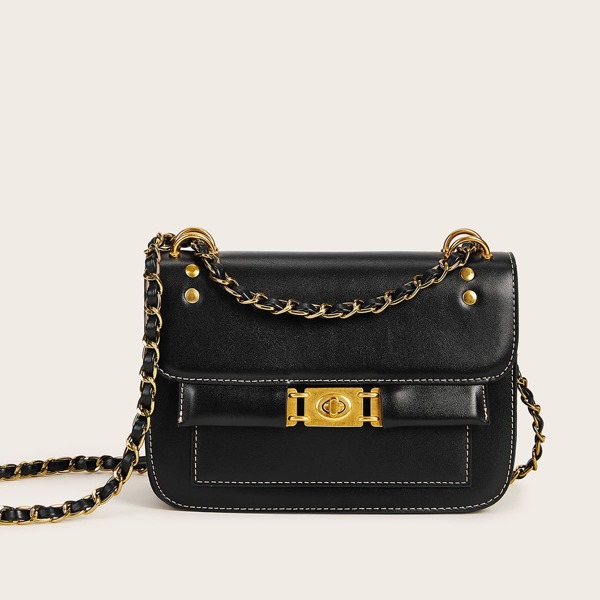 

Twist Lock Stitch Trim Chain Bag, Black