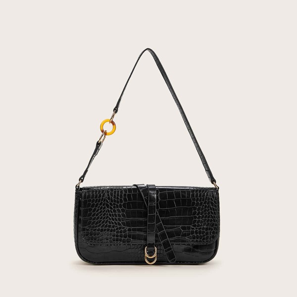 

Metal Ring Detail Croc Flap Tote Bag, Black