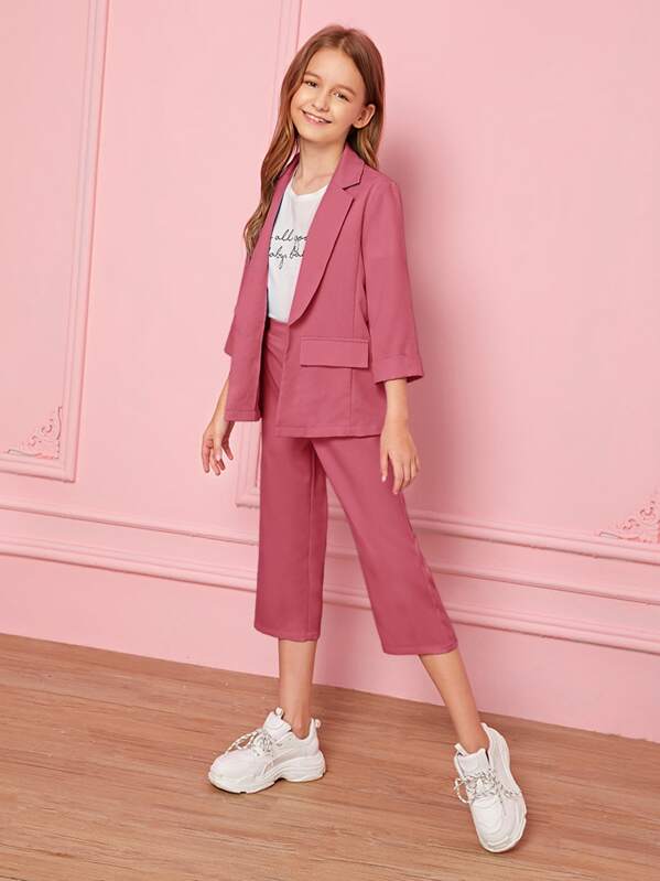 

Girls Lapel Collar Flap Detail Blazer & Capri Pants Set, Pink, Sashab