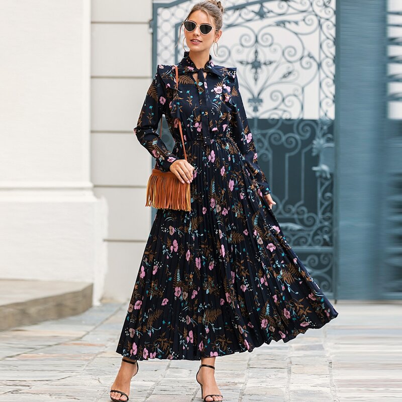 

Tie Neck Floral Print Pleated Hem Dress, Navy blue
