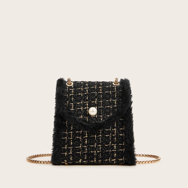 

Faux Pearl Decor Fluffy Tweed Chain Bag, Black