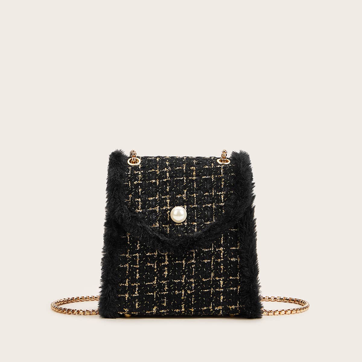 

Faux Pearl Decor Fluffy Tweed Chain Bag, Black