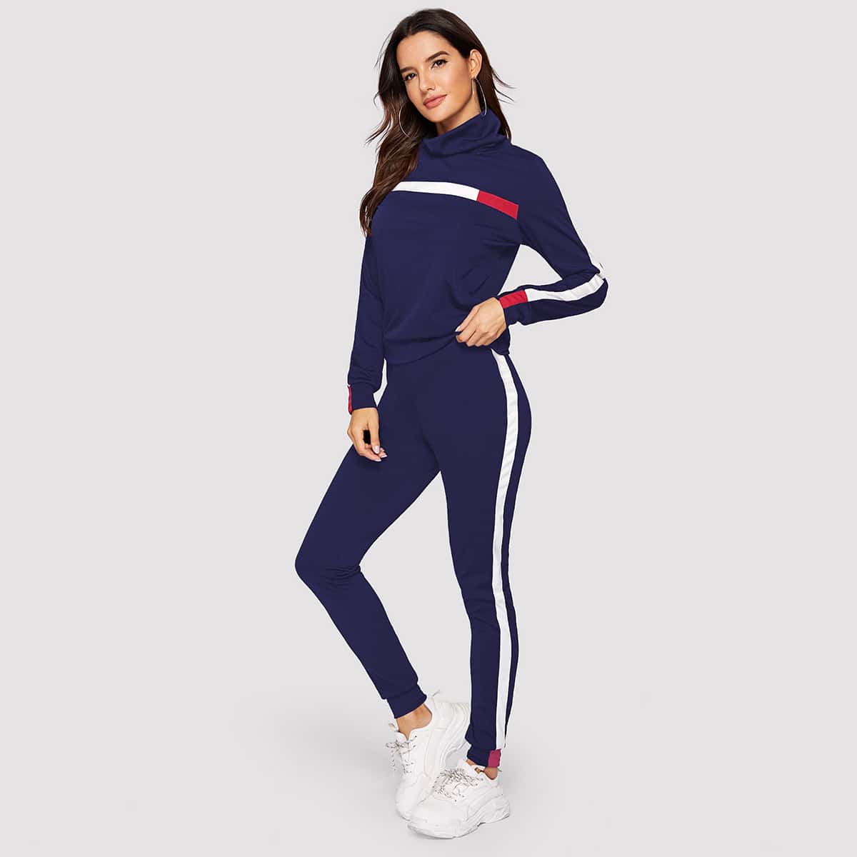 

High Neck Contrast Panel Sweatshirt & Sweatpants, Navy blue