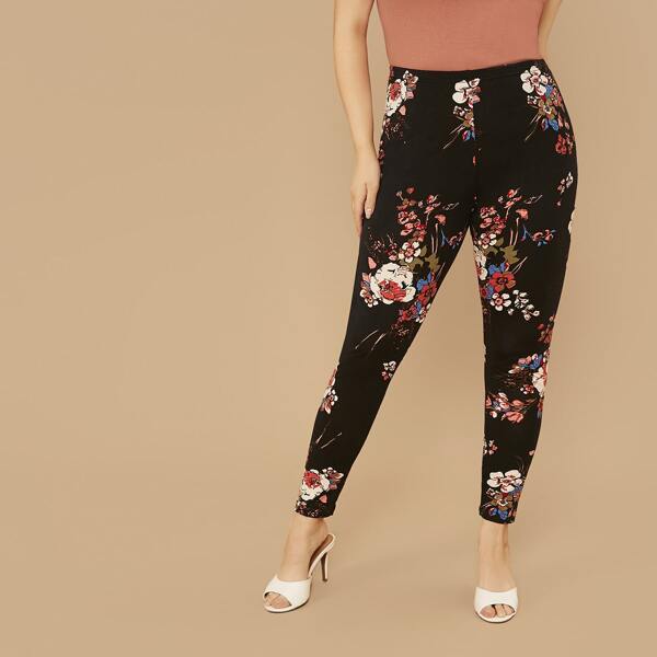 

Plus Elastic Waist Floral Print Leggings, Black