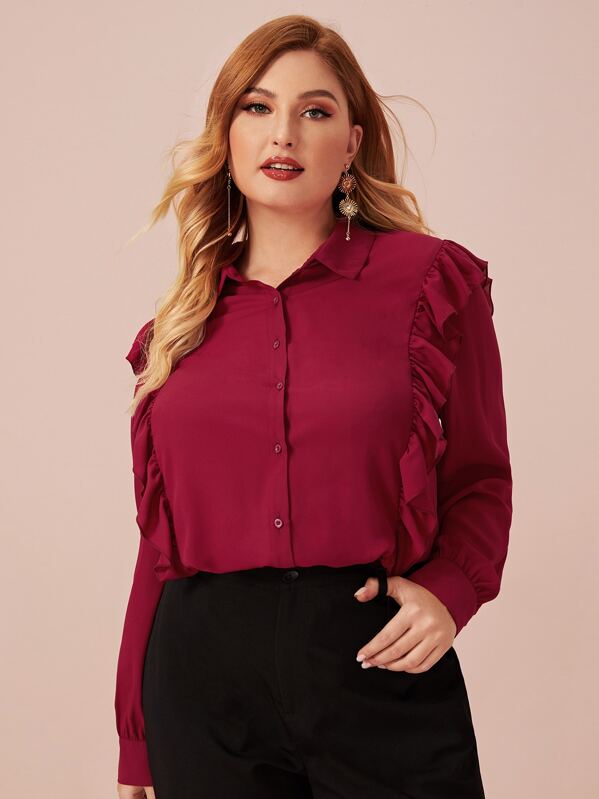 

Plus Ruffle Trim Shirt, Burgundy, Nora