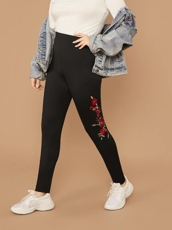 

Plus Floral Embroidered Detail Leggings, Black, Faith Bowman