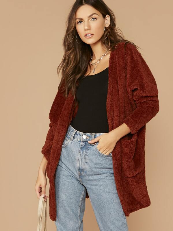 

Drop Shoulder Pocket Front Teddy Coat, Brown, Zorana