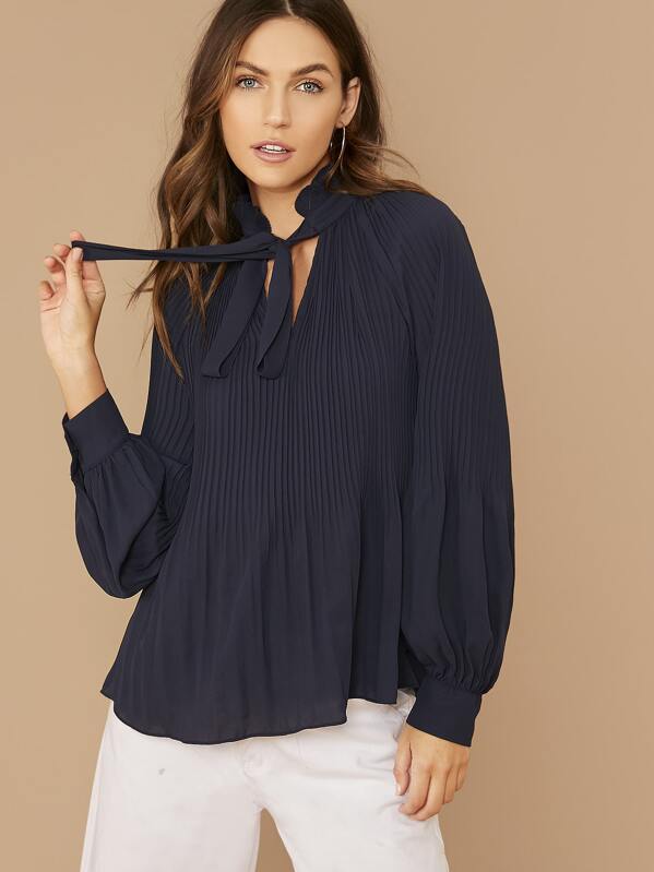 

Tie Neck Lantern Sleeve Pleated Blouse, Navy, Zorana