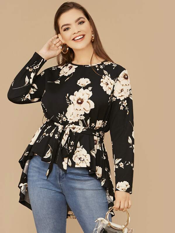 

Plus Floral Print High Low Hem Belted Top, Black, Faith Bowman